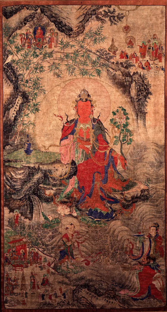 善跏趺倚坐（欧洲式垂足坐）慈氏弥勒菩萨（强巴佛）山水唐卡 · 鲁宾艺术博物馆藏