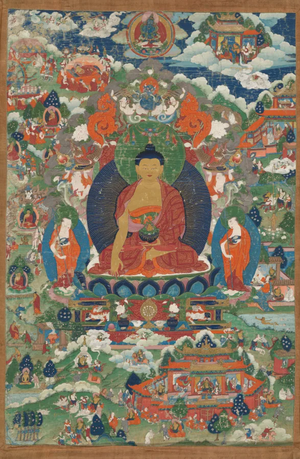 Canonical Three-Register Thangka Composition (Lineage, Yidam & Protectors) — The Cleveland Museum of Art (1917.889)